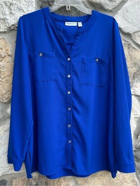 Susan Graver Blouse Top Size 12 (LG) Blue Button Up Elevated Basic Career Wear
